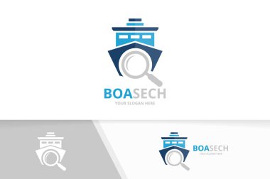 Vektör gemi ve büyüteç logo bileşimi. Tekne ve simge veya simge büyütme. Benzersiz yat ve arama logo tasarım şablonu.
