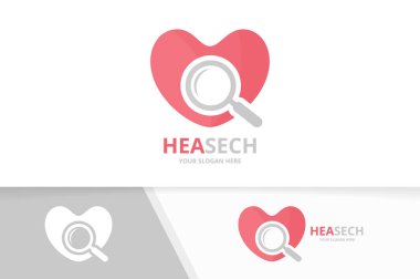 Vektör kalp ve büyüteç logo bileşimi. Sevgi ve simge veya simge büyütme. Benzersiz romantik ve arama logo tasarım şablonu.