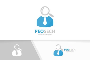 Vektör adam ve büyüteç logo bileşimi. İnsanlar ve büyüteç simgesi veya simge. Benzersiz insan ve arama logo tasarım şablonu.