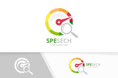 Vektör hız göstergesi ve büyüteç logo bileşimi. Takometre ve simge veya simge büyütme. Benzersiz speedo ve arama logo tasarım şablonu.