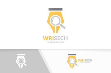 Vektör kalem ve büyüteç logo bileşimi. Yazma ve simge veya simge büyütme. Benzersiz hukuk ve arama logo tasarım şablonu.