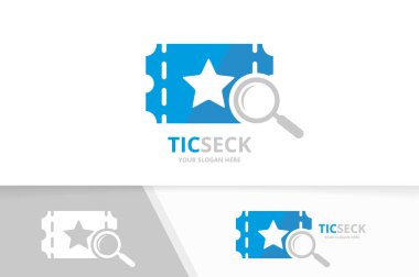 Vektör bilet ve büyüteç logo bileşimi. Ducket ve simge veya simge büyütme. Benzersiz kartı ve arama logo tasarım şablonu.