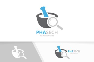 Vektör eczane ve büyüteç logo bileşimi. Pounder ve simge veya simge büyütme. Benzersiz harç ve havaneli logo tasarım şablonu.