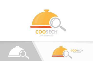 Vektör çanak ve büyüteç logo bileşimi. Plaka ve simge veya simge büyütme. Benzersiz mutfak ve arama logo tasarım şablonu.