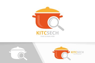 Vektör pot ve büyüteç logo bileşimi. Mutfak ve simge veya simge büyütme. Benzersiz pan ve arama logo tasarım şablonu.