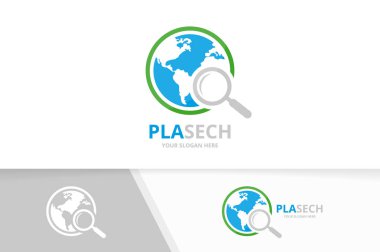 Vektör dünya ve büyüteç logo bileşimi. Dünya ve simge veya simge büyütme. Benzersiz dünya ve arama logo tasarım şablonu.