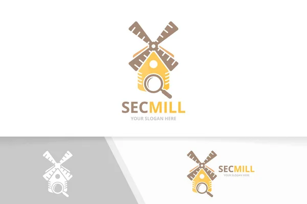 Vector mill and loupe logo combination. Farm and magnifying symbol or icon. Unique windmill and search logotype design template. — Stock Vector