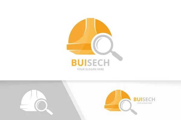 Vector helm en loupe logo-combinatie. Hoed en vergrootglas pictogram of symbool. Unieke veiligheid en zoek logo ontwerpsjabloon. — Stockvector