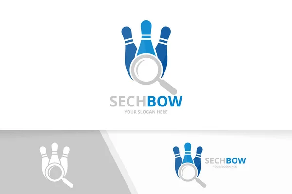 Vector bowling en loupe logo-combinatie. Spel en vergrootglas pictogram of symbool. Unieke kegling en zoek logo ontwerpsjabloon. — Stockvector