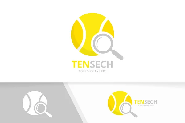 Vector tennis en loupe logo-combinatie. Spel en vergrootglas pictogram of symbool. Unieke bal en zoek logo ontwerpsjabloon. — Stockvector