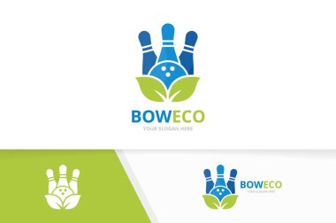 Vektör bowling ve yaprak logo bileşimi. Oyun ve Eko simge veya simge. Benzersiz kegling ve organik logo tasarım şablonu.