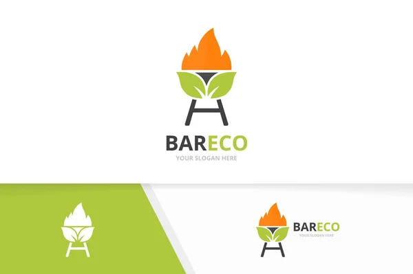 Combinaison vectorielle bbq et logo feuille. Grill et éco symbole ou icône. Modèle unique de conception de barbecue et logotype biologique . — Image vectorielle