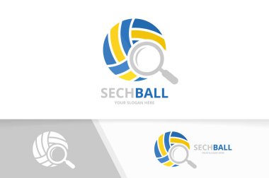 Vektör voleybol ve büyüteç logo bileşimi. Oyun ve simge veya simge büyütme. Benzersiz top ve arama logo tasarım şablonu.