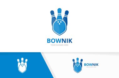 Vektör bowling ve kalkan logo bileşimi. Oyun ve güvenlik sembolü veya simge. Benzersiz kegling ve güvenlik görevlisi logo tasarım şablonu.