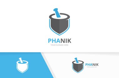 Vektör eczane ve kalkan logo bileşimi. Pounder ve güvenlik sembolü veya simge. Benzersiz harç ve havaneli logo tasarım şablonu.