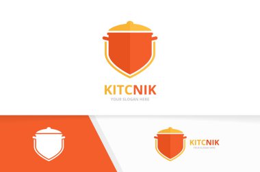 Vektör pot ve kalkan logo bileşimi. Mutfak ve güvenlik sembolü veya simge. Benzersiz pan ve logo tasarım şablonu korumak.