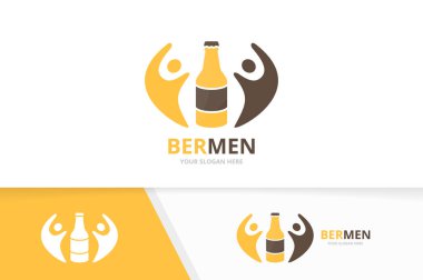 Vektör şişe ve insanlar logo bileşimi. Bira ve aile simge veya simge. Benzersiz alkol ve takım logo tasarım şablonu.