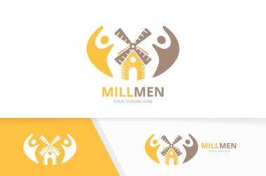 Vektör değirmen ve insanlar logo bileşimi. Çiftlik ve aile simge veya simge. Benzersiz yel değirmeni ve takım logo tasarım şablonu.