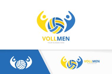 Vektör voleybol ve insanlar logo bileşimi. Oyun ve aile simge veya simge. Benzersiz top ve takım logo tasarım şablonu.