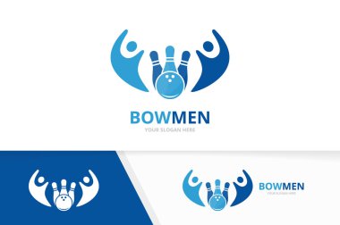 Vektör bowling ve insanlar logo bileşimi. Oyun ve aile simge veya simge. Benzersiz kegling ve takım logo tasarım şablonu.