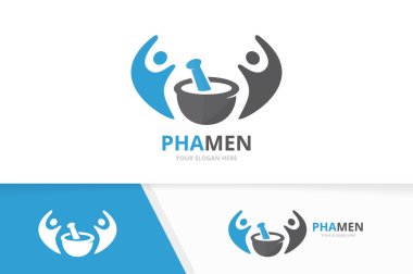 Vektör eczane ve insanlar logo bileşimi. Pounder ve aile simge veya simge. Benzersiz harç ve havaneli logo tasarım şablonu.