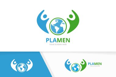 Vektör dünya ve insanlar logo bileşimi. Dünya ve aile simge veya simge. Benzersiz dünya ve takım logo tasarım şablonu.