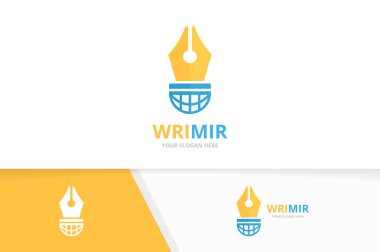 Vektör kalem ve gezegeni logo bileşimi. Yazma ve dünya sembolü veya simge. Benzersiz hukuk ve küre logo tasarım şablonu.