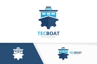 Gemi vektör ve logo birlikte dişli. Tekne ve mekanik simge veya simge. Benzersiz yat ve endüstriyel logo tasarım şablonu.