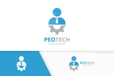 Vektör adam ve dişli logo bileşimi. İnsanlar ve mekanik simge veya simge. Benzersiz insan ve endüstriyel logo tasarım şablonu.