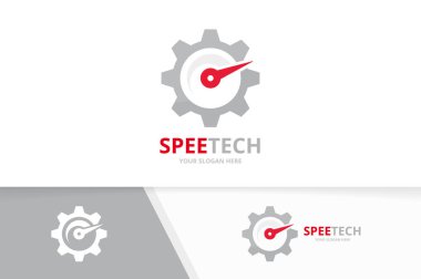 Vektör hız göstergesi ve dişli logo bileşimi. Takometre ve mekanik simge veya simge. Benzersiz speedo ve endüstriyel logo tasarım şablonu.