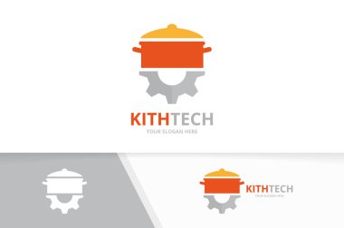 Vektör pot ve dişli logo bileşimi. Mutfak ve mekanik simge veya simge. Benzersiz pan ve endüstriyel logo tasarım şablonu.