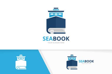Vektör gemi ve kitap logo bileşimi. Tekne ve Kütüphane simge veya simge. Benzersiz yat ve Kitabevi logo tasarım şablonu.