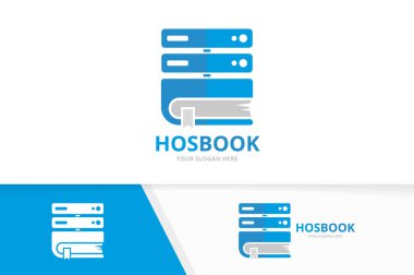 Vektör ana bilgisayar ve kitap logo bileşimi. Sunucu ve Kütüphane simge veya simge. Benzersiz veri ve Kitabevi logo tasarım şablonu.