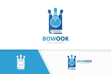 Vektör bowling ve kitap logo bileşimi. Oyun ve Kütüphane simge veya simge. Benzersiz kegling ve Kitabevi logo tasarım şablonu.