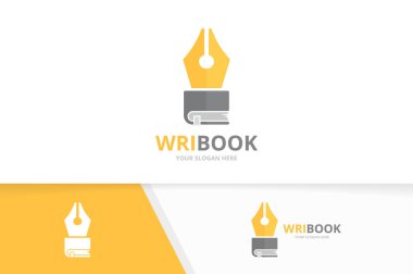 Vektör kalem ve kitap logo bileşimi. Yazma ve Kütüphane simge veya simge. Benzersiz hukuk ve Kitabevi logo tasarım şablonu.