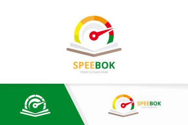 Vektör hız göstergesi ve açık kitap logo kombinasyonu. Takometre ve Kitabevi simge veya simge. Benzersiz speedo ve Kütüphane logo tasarım şablonu.