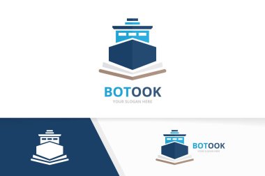 Vektör gemi ve açık kitap logo kombinasyonu. Tekne ve Kitabevi simge veya simge. Benzersiz yat ve Kütüphane logo tasarım şablonu.