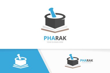 Vektör eczane ve açık kitap logo kombinasyonu. Pounder ve Kitabevi simge veya simge. Benzersiz harç ve havaneli logo tasarım şablonu.