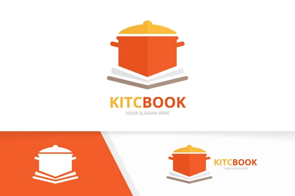 Vektor pot és nyitott könyv logo kombinációja. Konyha és könyvesbolt szimbólum vagy ikon. Egyedi pan és könyvtár logo design sablon. — Stock Vector