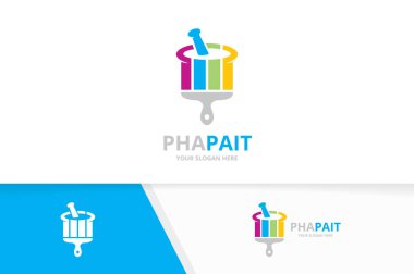 Vektör eczane ve fırça logo bileşimi. Pounder ve boya fırçası simge veya simge. Benzersiz harç ve havaneli logo tasarım şablonu.