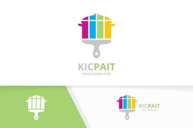 Vektör pot ve fırça logo bileşimi. Mutfak ve boya fırçası simge veya simge. Benzersiz pan ve yazdırma logo tasarım şablonu.