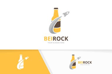 Vektör şişe ve roket logo bileşimi. Bira ve uçak simge veya simge. Benzersiz alkol ve uçuş logo tasarım şablonu.