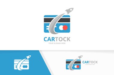 Vektör kredi kartı ve roket logo bileşimi. Hediye ve uçak simge veya simge. Benzersiz indirim ve uçuş logo tasarım şablonu.