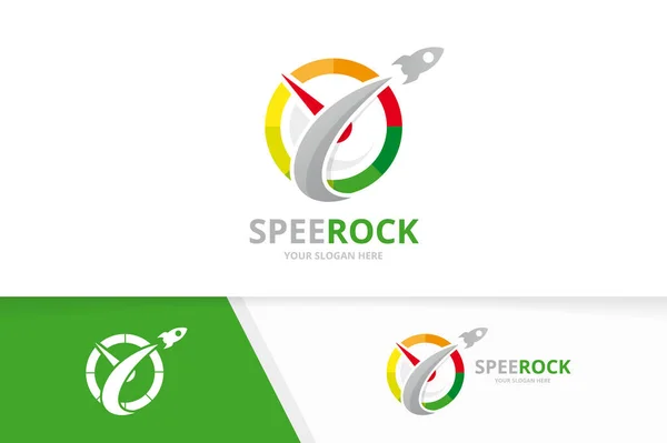 Vector logo-combinatie van snelheidsmeter en raket. Toerenteller en vliegtuig symbool of pictogram. Unieke speedo en vlucht logo ontwerpsjabloon. — Stockvector