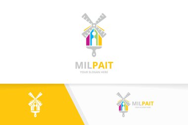 Vektör değirmen ve fırça logo bileşimi. Çiftlik ve boya fırçası simge veya simge. Benzersiz yel değirmeni ve yazdırma logo tasarım şablonu.