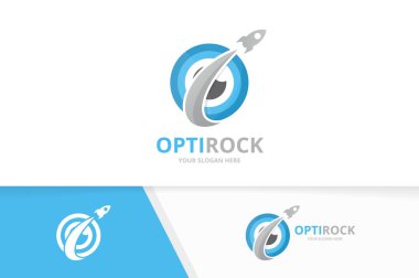 Vektör göz ve roket logo bileşimi. Optik ve uçak simge veya simge. Benzersiz vizyon ve uçuş logo tasarım şablonu.