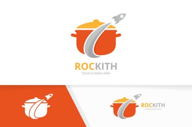 Vektör pot ve roket logo bileşimi. Mutfak ve uçak simge veya simge. Benzersiz pan ve uçuş logo tasarım şablonu.