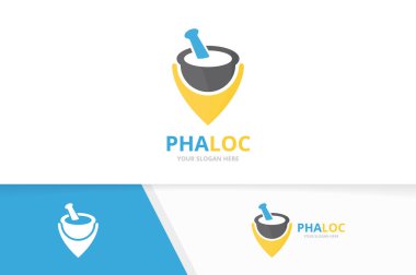 Vektör eczane ve harita işaretçi logo bileşimi. Pounder ve gps Konumlandırıcı simge veya simge. Benzersiz harç ve havaneli logo tasarım şablonu.