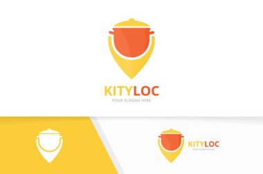 Vektör pot ve harita işaretçi logo bileşimi. Mutfak ve gps Konumlandırıcı simge veya simge. UNIQUE pan ve logo tasarım şablonu pin.