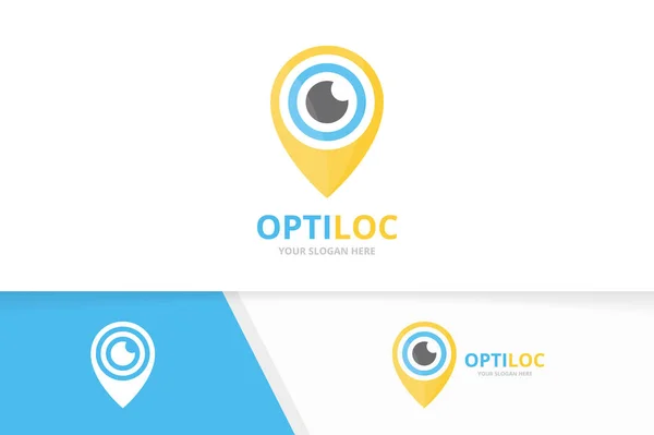 Vector oog en kaart aanwijzer logo combinatie. Optiek en gps locator-symbool of pictogram. Unieke visie en pin logo ontwerpsjabloon. — Stockvector